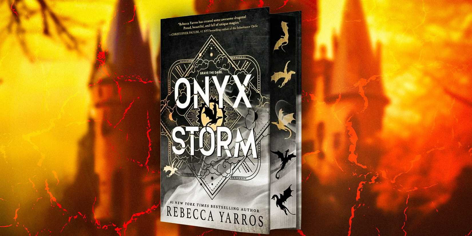 Onyx Storm by Rebecca Yarros and a background featuring a castle and a yellow and red tint