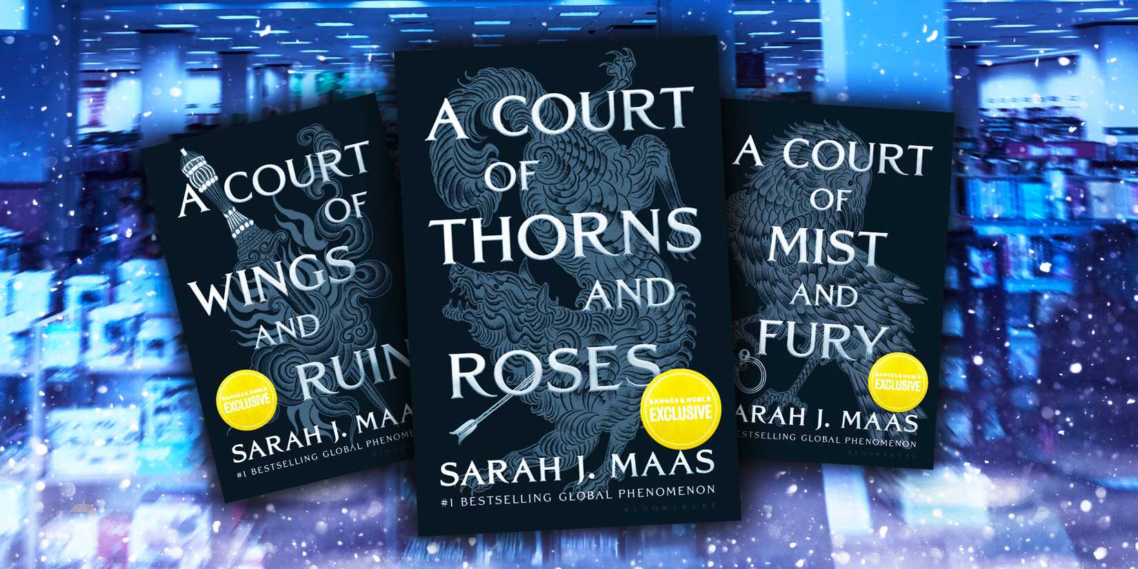 The Night Court edition covers of A Court of Wings & Ruin, A Court of Thorns & Roses, and A Court of Mist & Fury