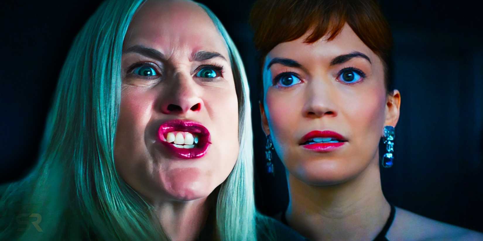 Cobel yelling and Helena Eagan looking nervous in Severance season 2