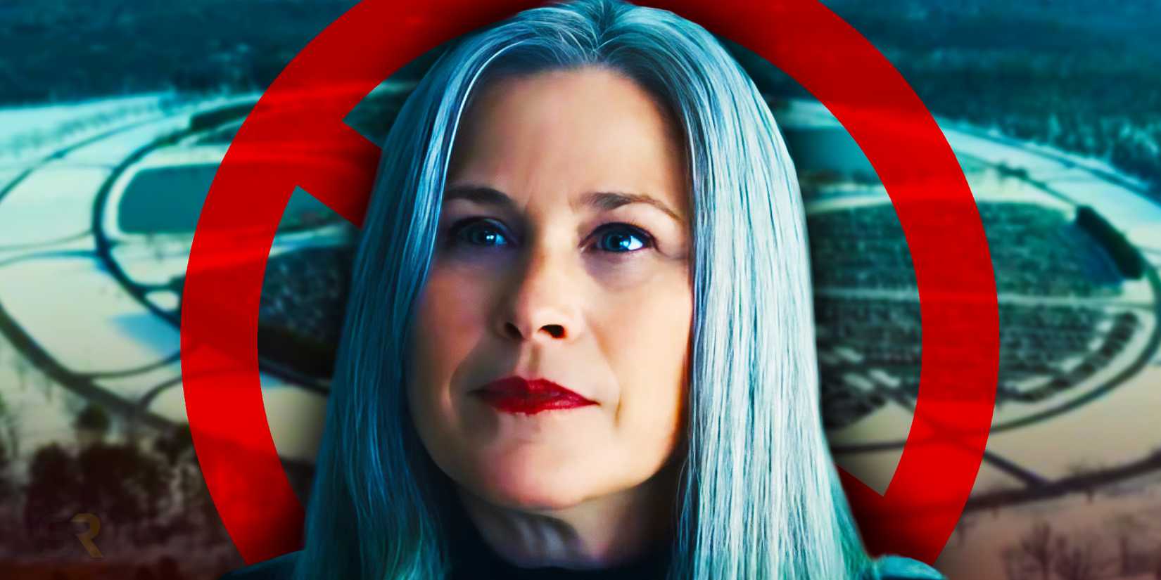 Patricia Arquette as Harmony Cobel with Lumon aerial shot behind her in Severance season 2