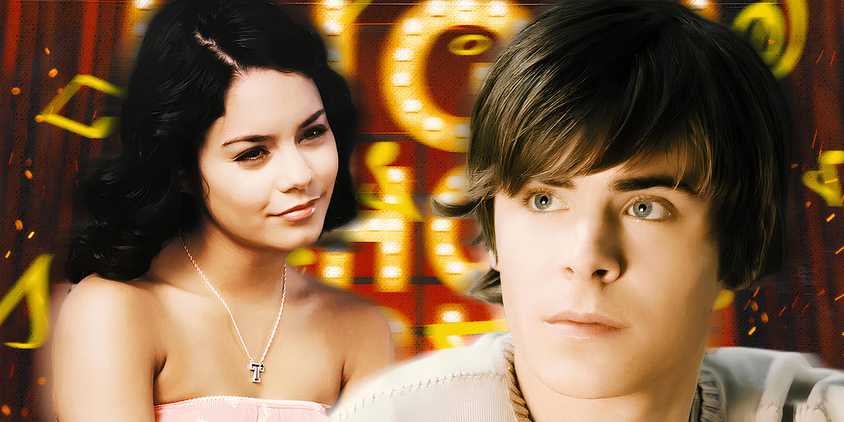 Vanessa Hudgens as Gabriella Montez and Zac Efron as Troy Bolton in High School Musical.