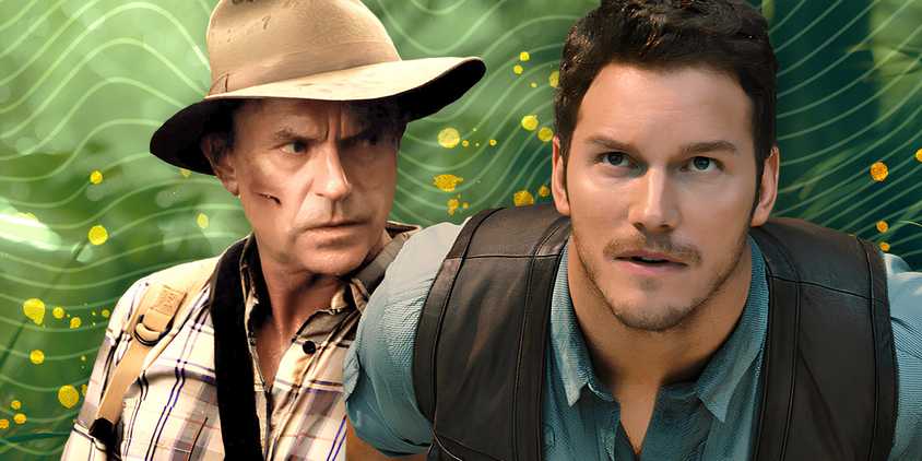 Sam Neill as Alan Grant in Jurassic Park 3 looking nervous alongside Chris Pratt as Owen in Jurassic World