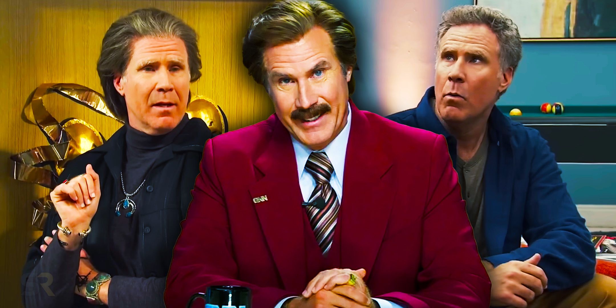 Will Ferrell in Anchorman in the middle and in two other roles to the left and right