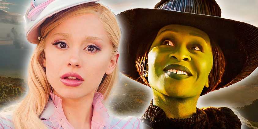 An edited image of Cynthia Erivo as Elphaba and Ariana Grande as Glinda in Wicked.