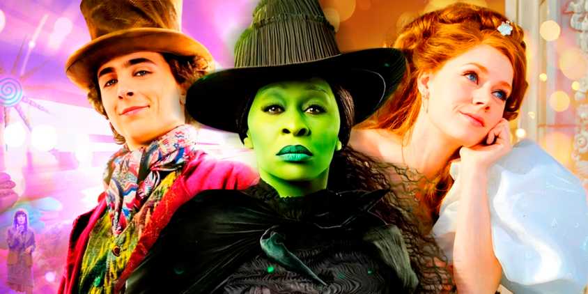 A cutout of Elphaba Thropp in Wicked (Cynthia Erivo) against a background that blends Willy Wonka in Wonka (Timothée Chalamet) & Giselle in Enchanted (Amy Adams) together.