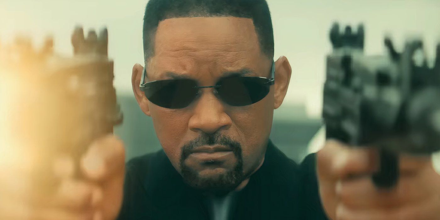 Will Smith dressed as Neo and shooting two guns in the Beautiful Scars music video