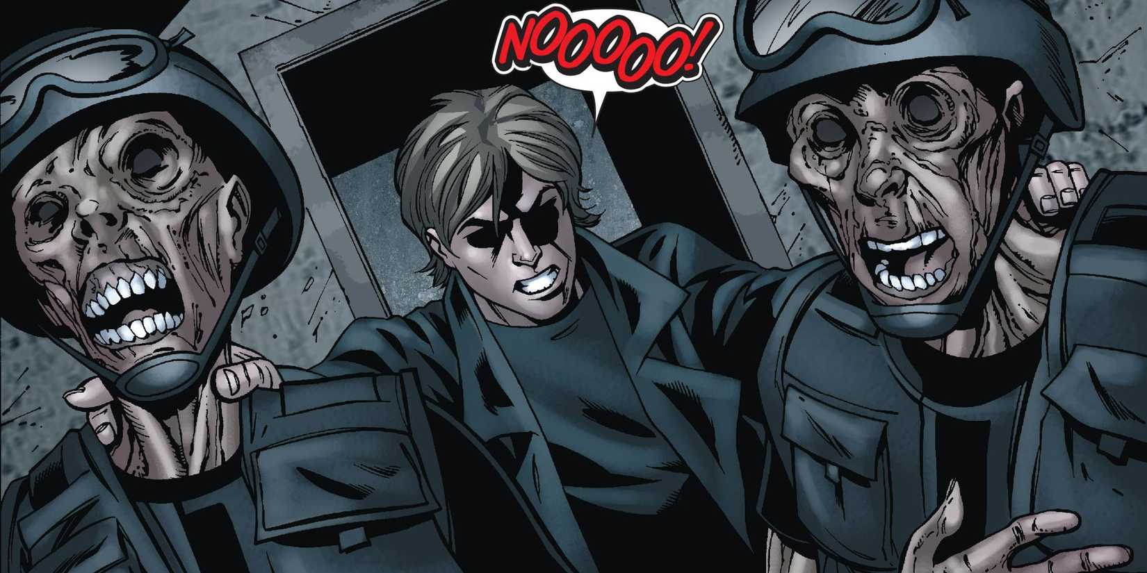 Comic book panel: Wither kills two officers in service to Selene.