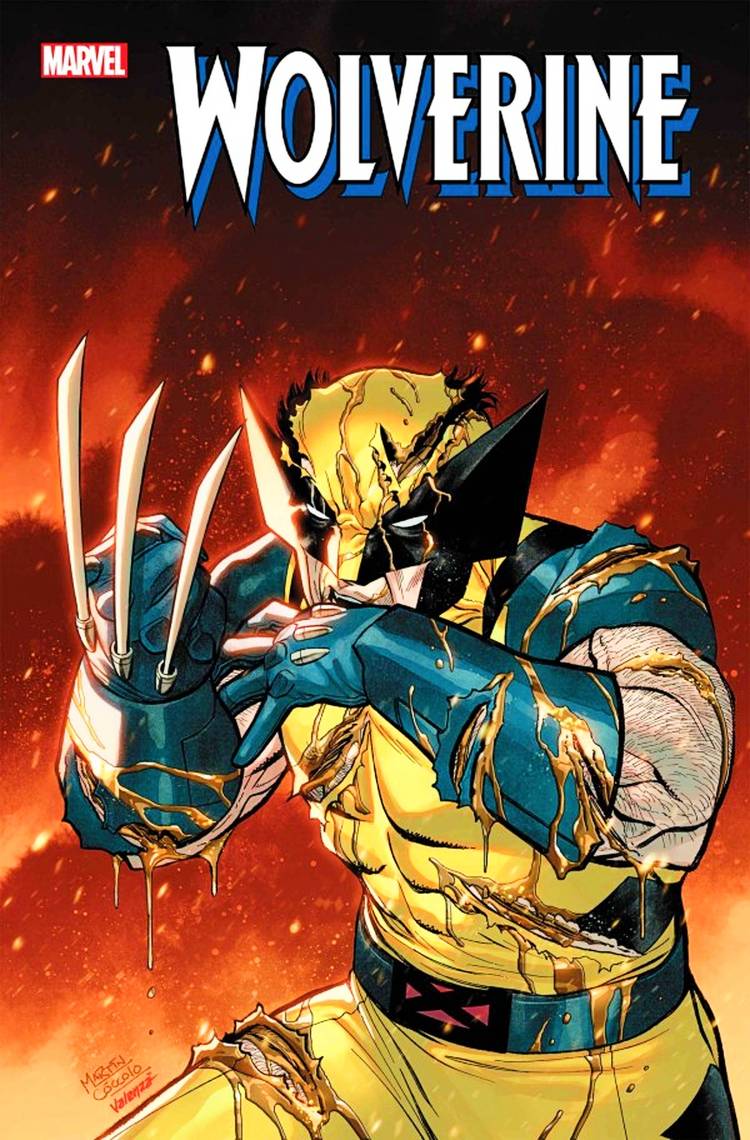 Wolverine #7 cover, Wolverine covered in cuts, leaking gold-looking blood all over his blue-yellow suit