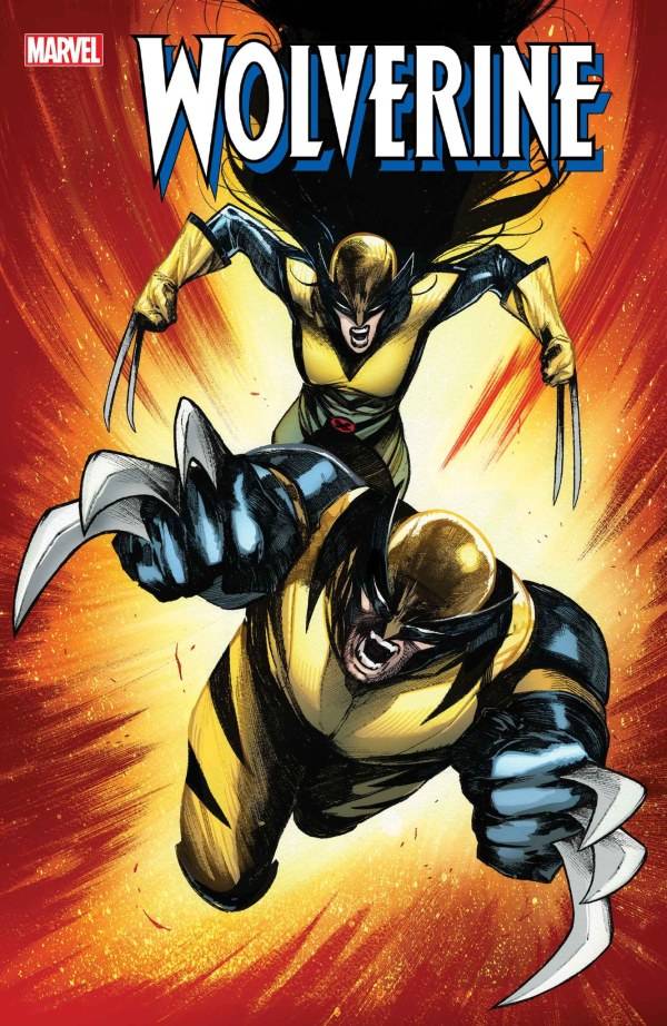 Wolverine #7 variant cover, Logan and his daughter both suited up as Wolverine, leaping into action