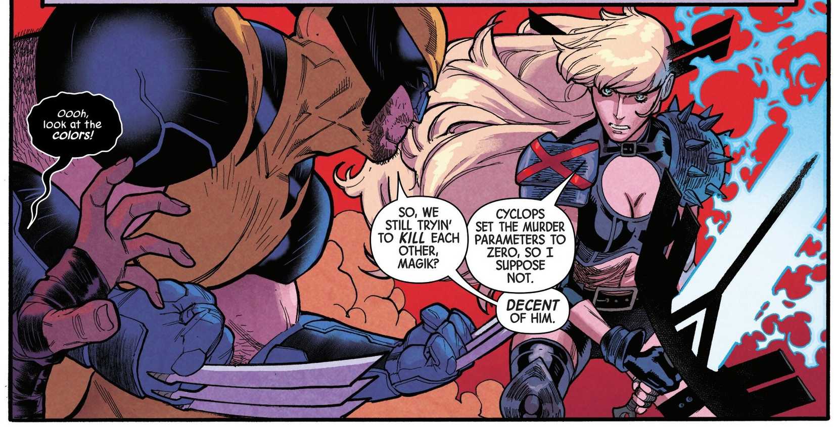Wolverine and Magik almost fight each other.