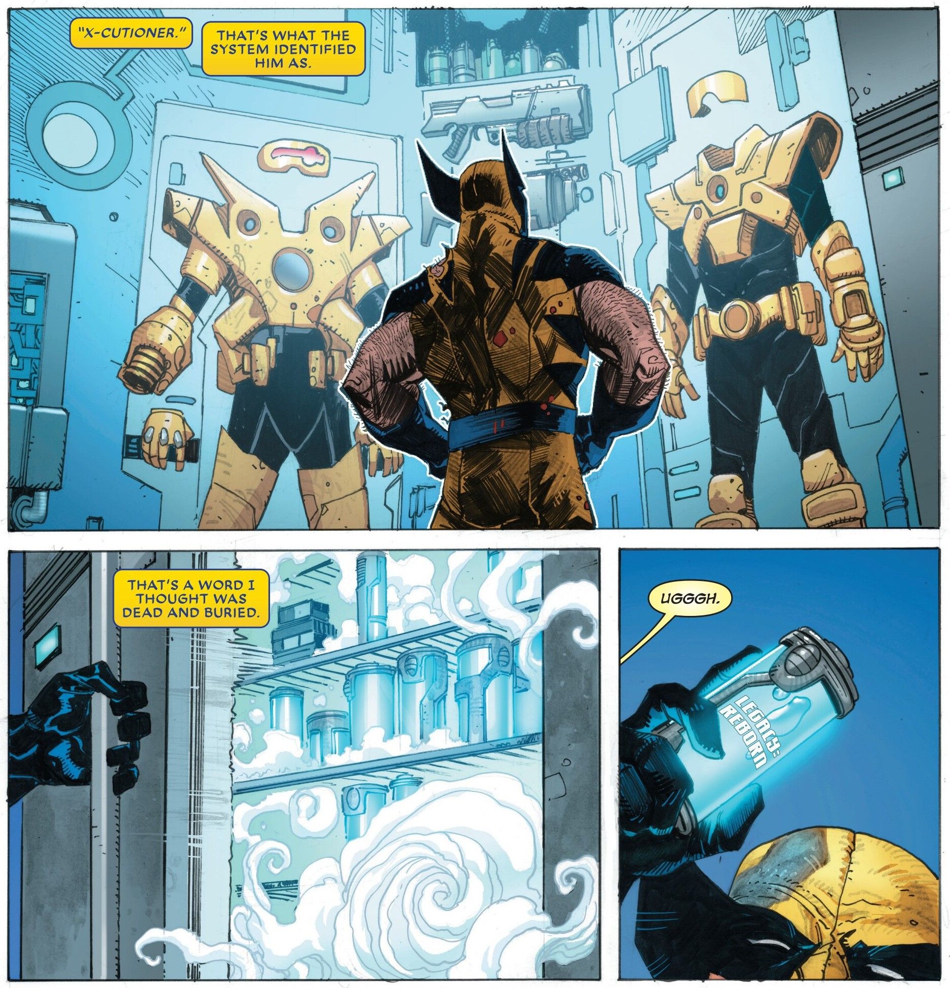 Wolverine finds X-Cutioner suits and vials of the legacy virus