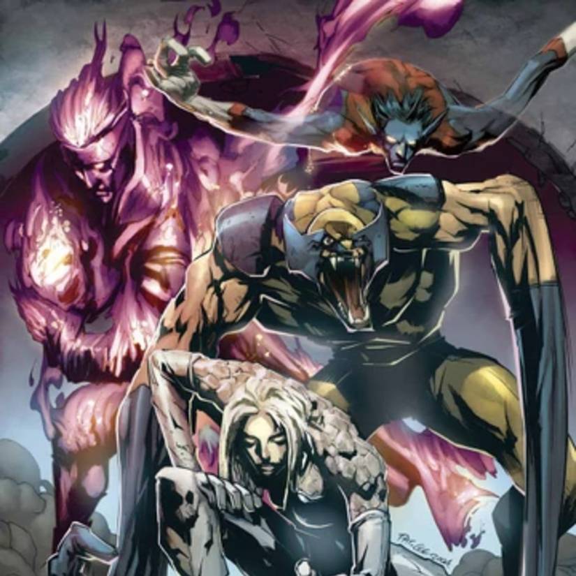 Comic book art: Wolverine Gambit Emma Frost and Nightcrawler of the X-Men swap powers with Fantastic Four's The Thing Invisible Woman Mister Fantastic and Human Torch