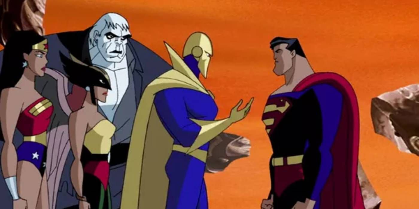 Wonder Woman, Hawkgirl, Solomon Grundy, and Doctor Fate talking to Superman Justice League