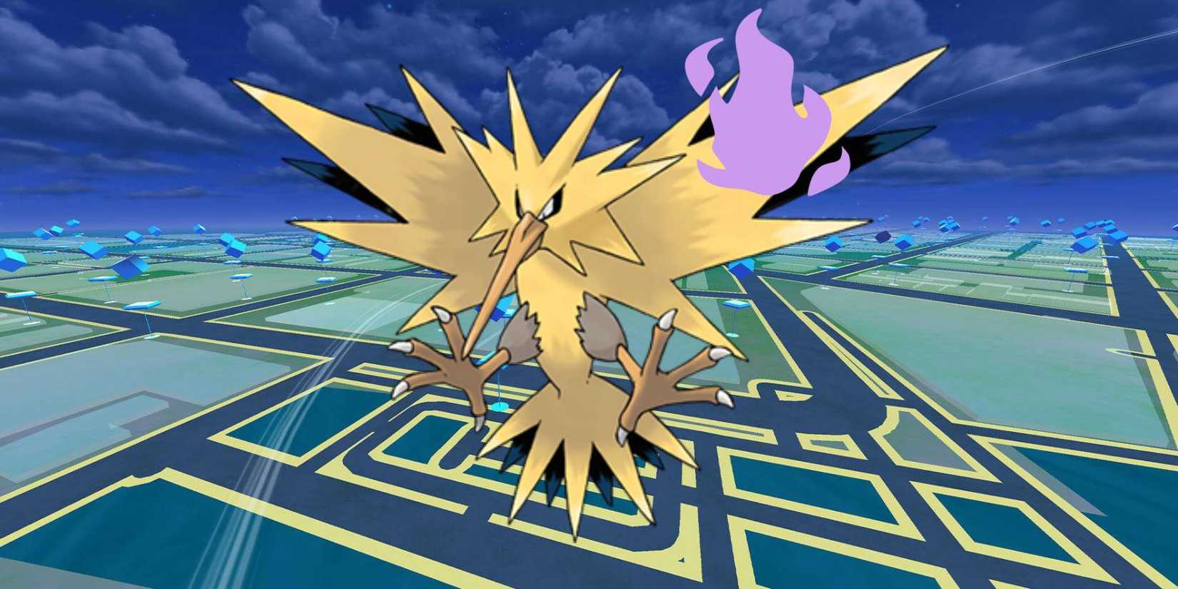 Pokémon GO Shadow Zapdos over a city.