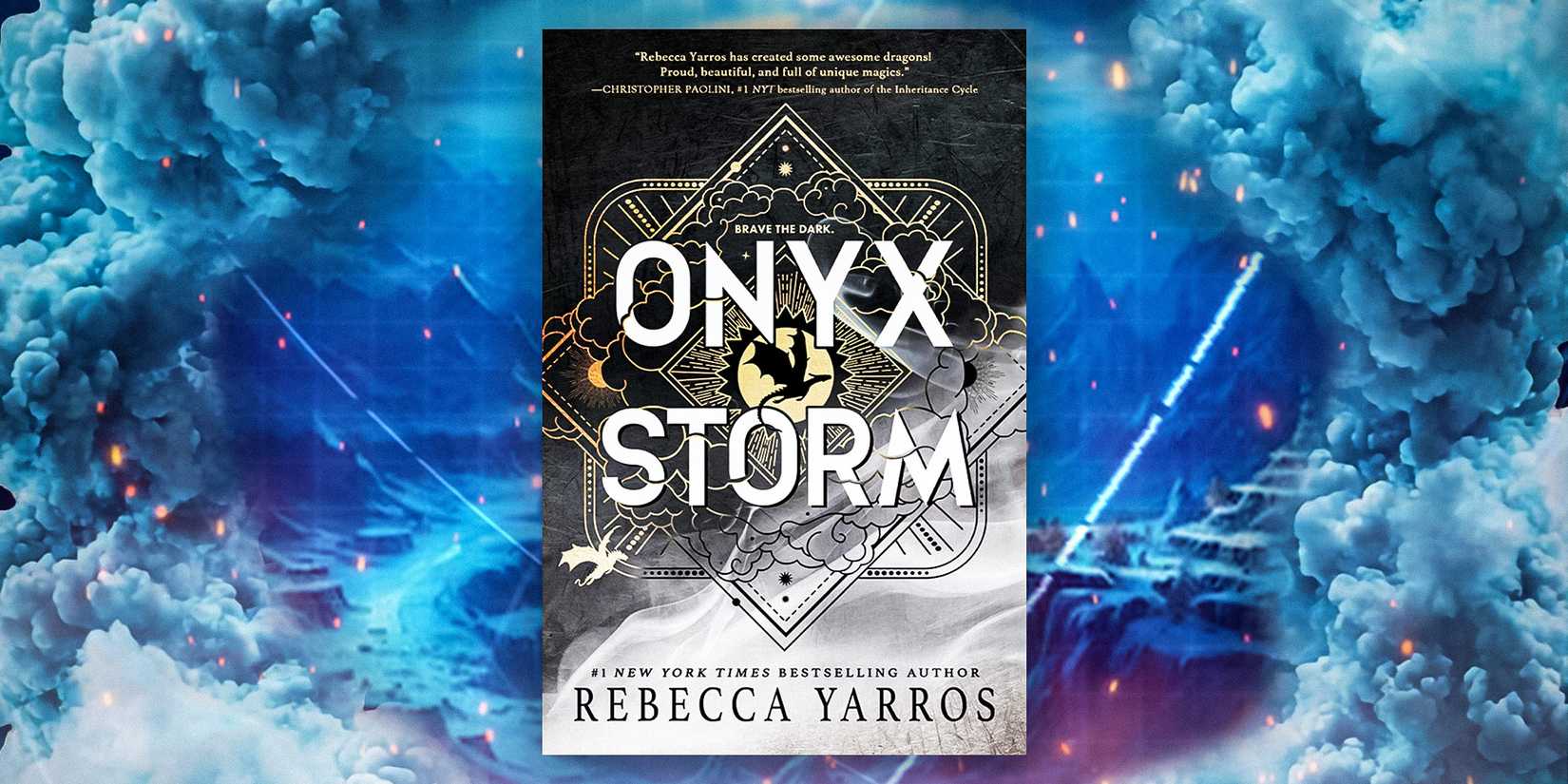 Onyx Storm by Rebecca Yarros with blue clouds, mountains, and a crater in the background