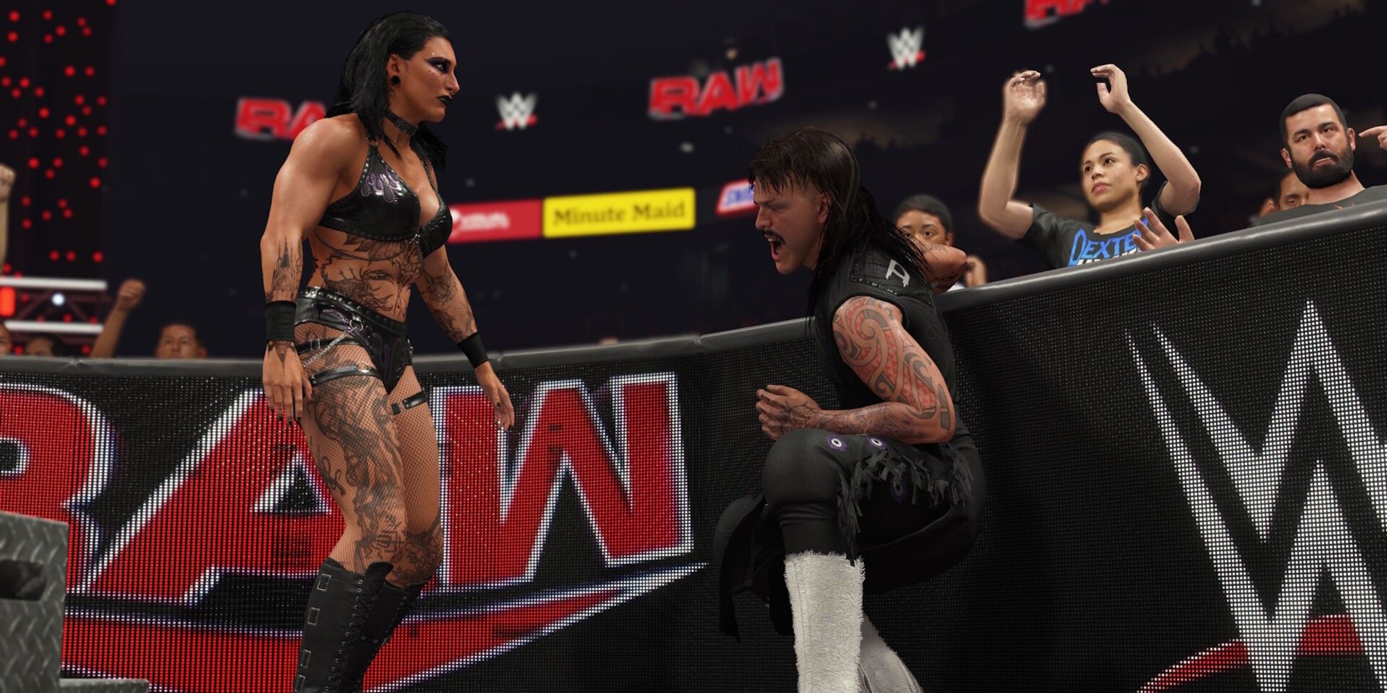 WWE 2K25 Fighters fighting near the crowd.