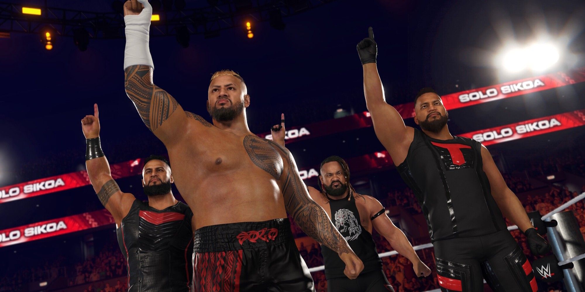 „WWE 2K25“ imtynininkai su pirštais ore.