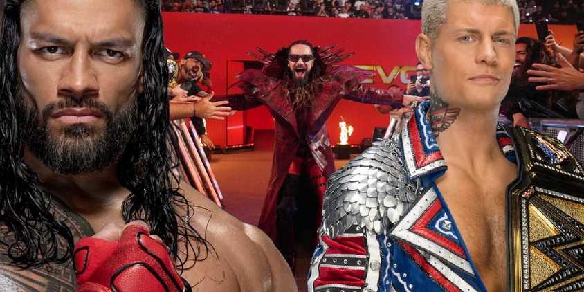 WWE Champion Cody Rhodes and Roman Reigns feature image foreground with Seth Rollins in the background