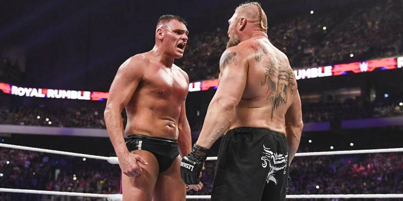 WWE Intercontinental Champion Gunther staredown with Brock Lesnar at the 30-Man Royal Rumble 2023