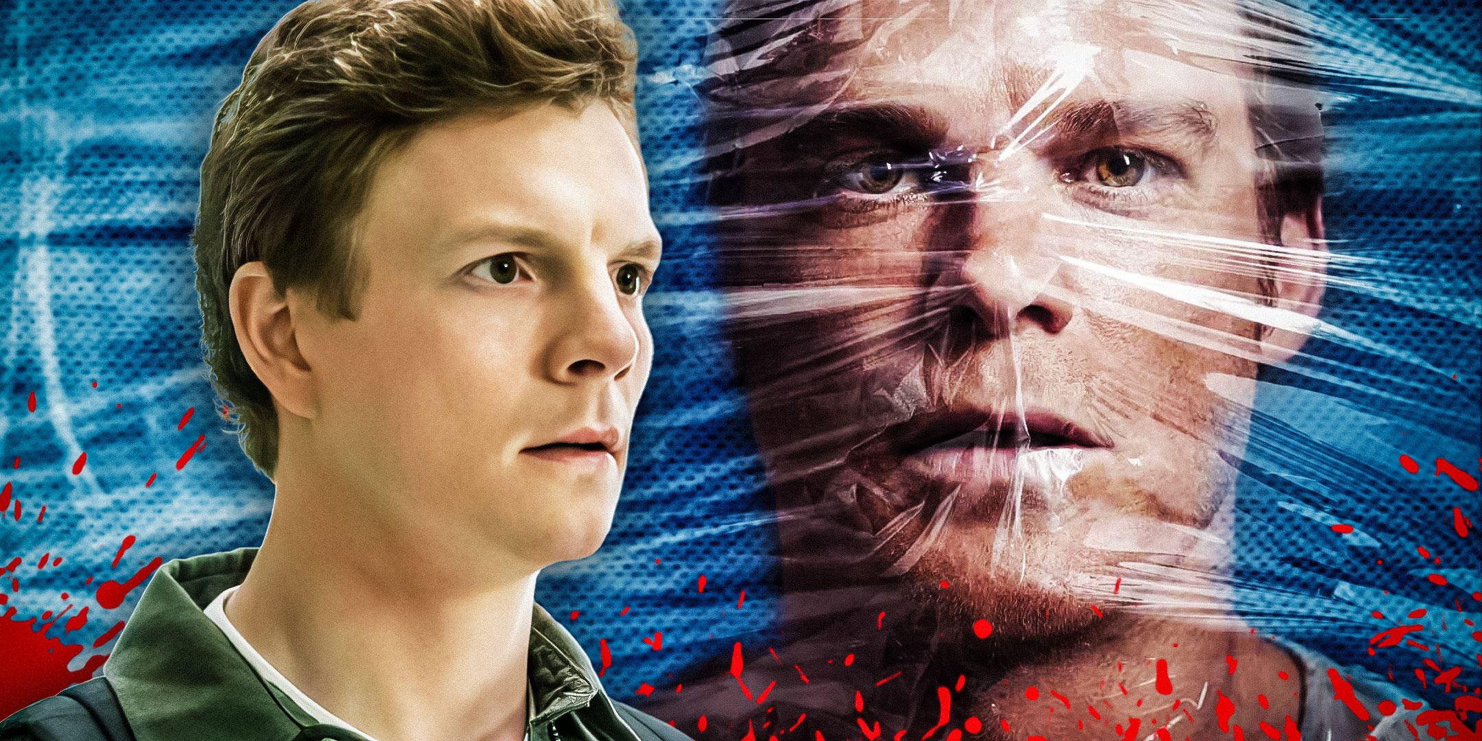 Dexter Morgan (Patrick Gibson) in Dexter: Original Sin and Dexter Morgan (Michael C. Hall) under plastic wrap in Dexter