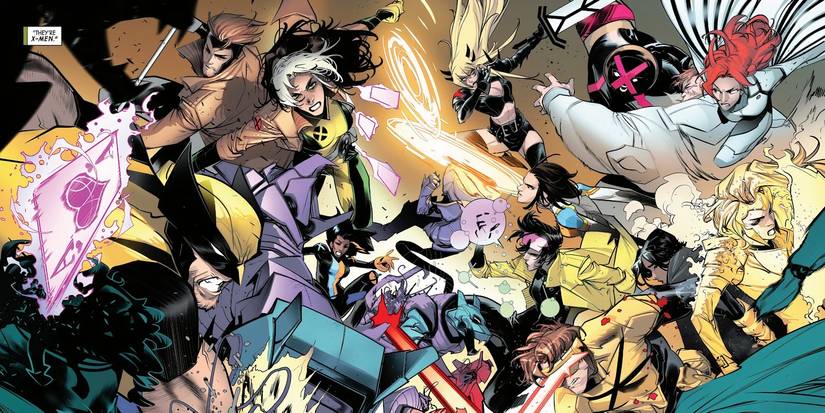 Comic book panel: Cyclops and Rogue's X-Men teams fighting