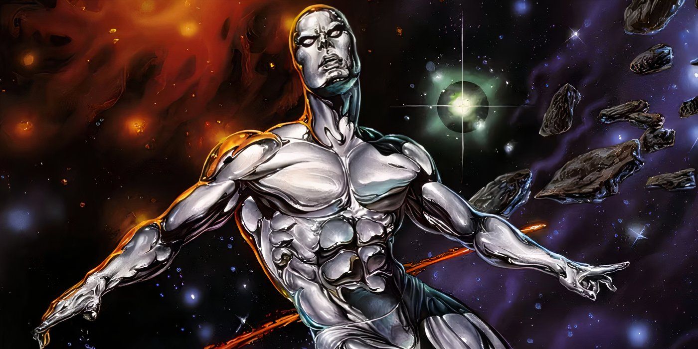 Comic book art: Silver Surfer flying through the cosmos.