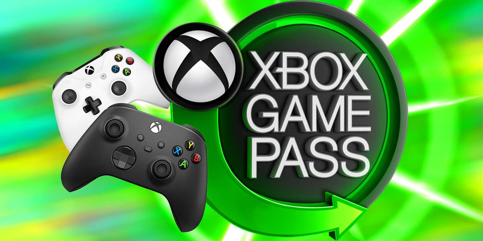 xbox game pass logo with xbox console controllers