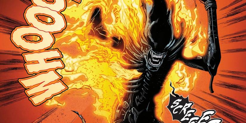 A Xenomorph screaming while on fire in Alien.