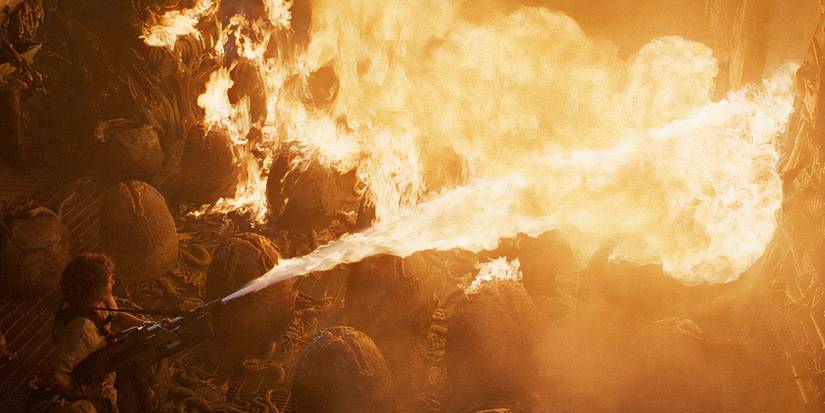 Alien's Ripley burning Xenomorph eggs with a flamethrower.