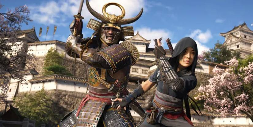 Yasuke and Naoe in combat-ready poses in a screenshot from Assassin's Creed Shadows.