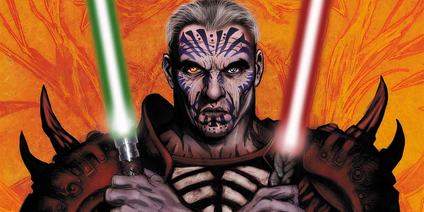 Darth Krayt wielding a green and red light saber on Star Wars Legends.