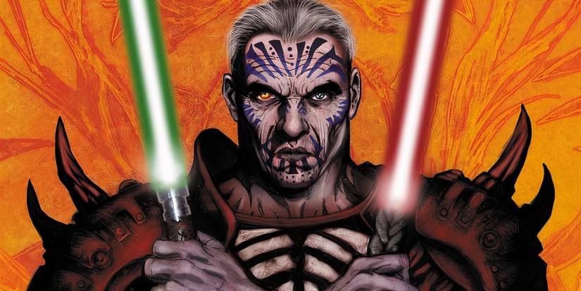 Darth Krayt wielding a green and red lightsaber in Star Wars Legends.