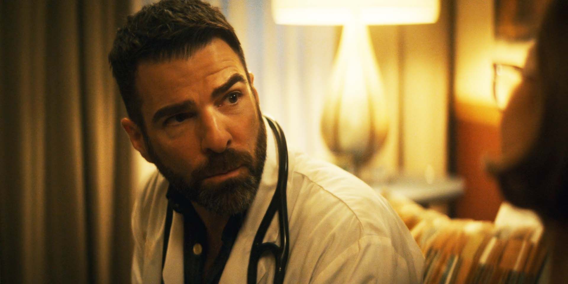 Zachary Quinto as Dr Wolf in Brilliant Minds season 1, episode 12, talking to his mom