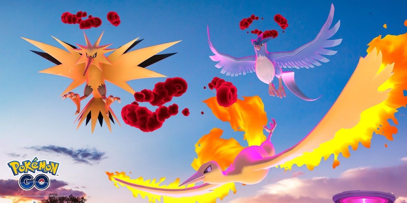 Zapdos, Articuno e Moltres na arte principal do Pokémon GO para o evento Legendary Flight