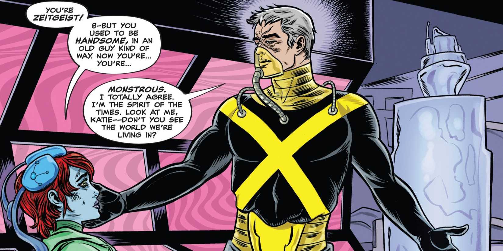 Comic book panel: Zeitgeist kidnaps Katie on behalf of X-Ceptional.