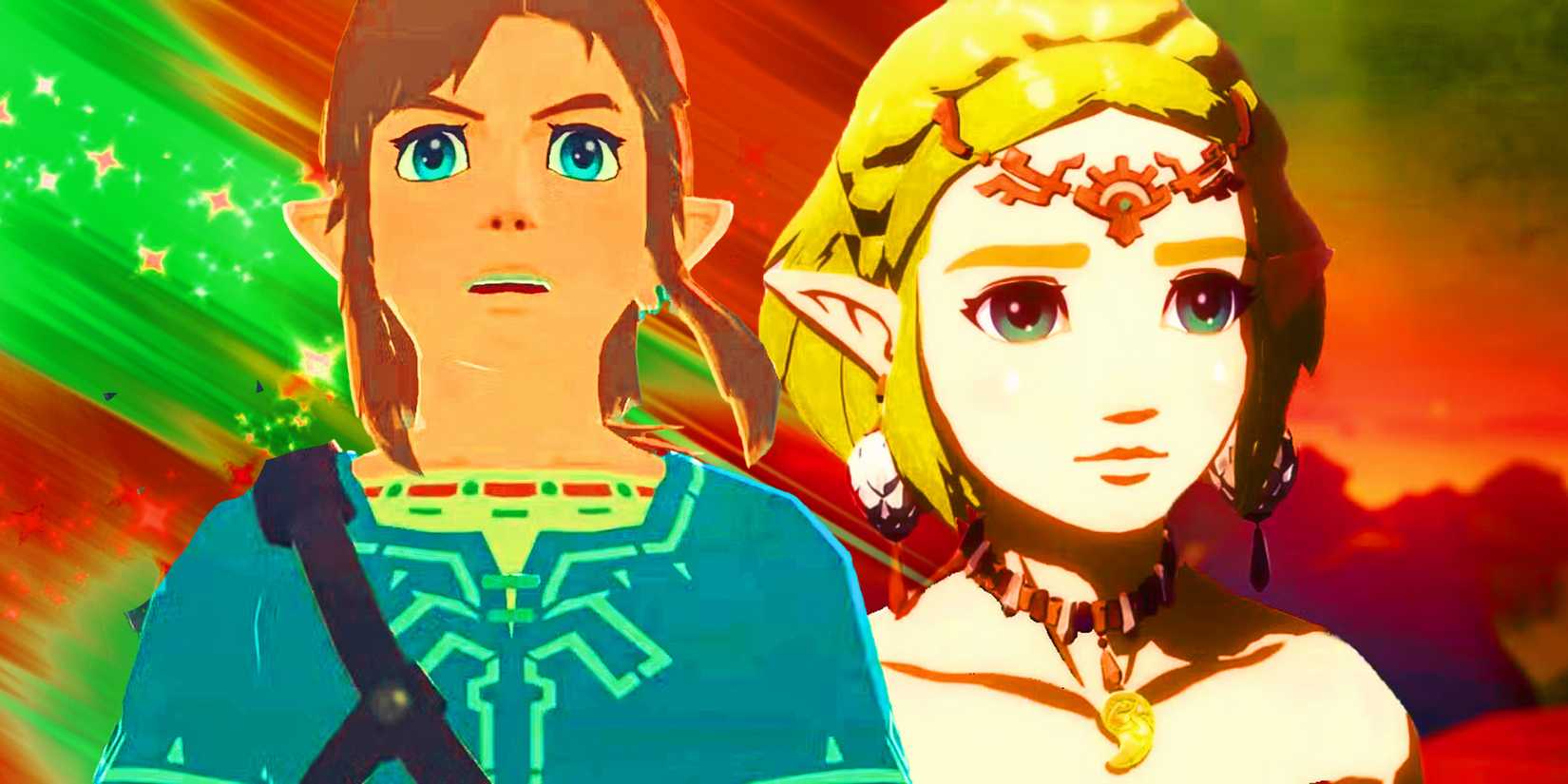 Link from The Legend of Zelda: Breath of the Wild gives a shocked expression. Zelda from Tears of the Kingdom stands beside with a more subdued expression.