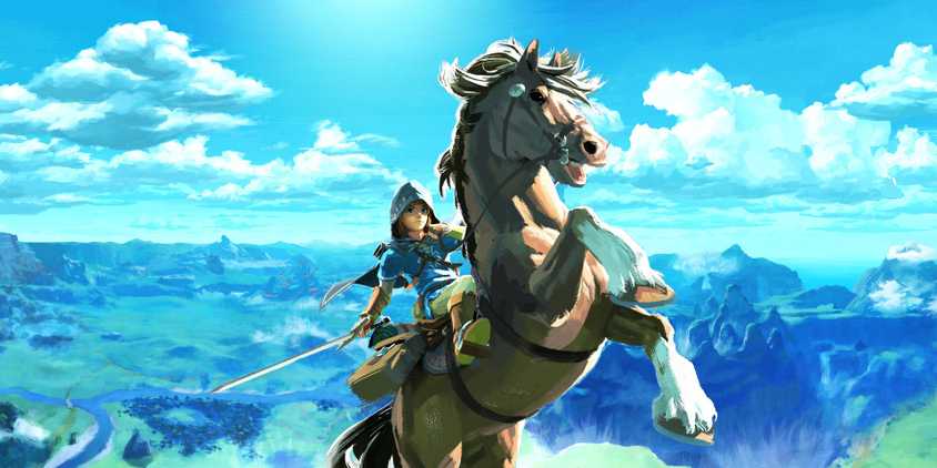 The Legend of Zelda: Breath of the Wild's Link on horseback with the landscape of Hyrule in the background.