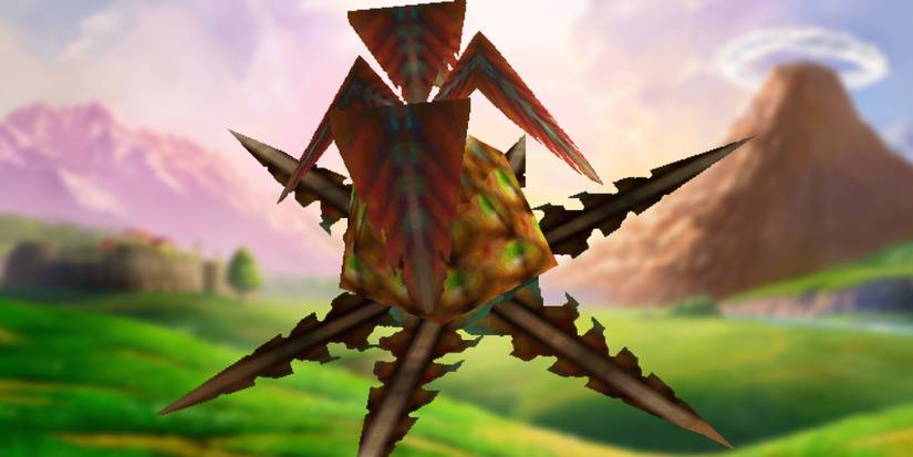 A Peahat from Ocarina of Time in front of a blurred artwork of Hyrule Field.