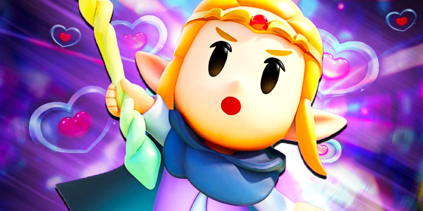Zelda from Echoes of Wisdom surrounded by heart pieces
