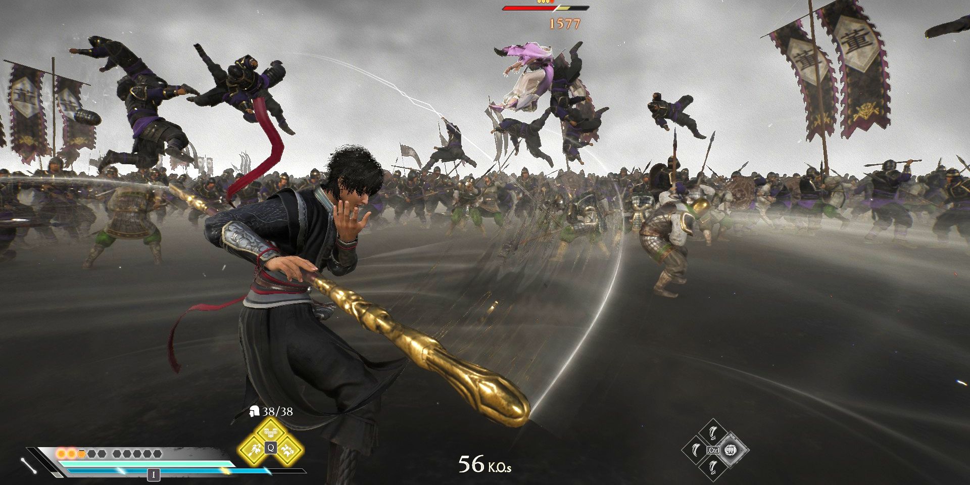 Ziluan executando um golpe com um cajado em uma captura de tela de Dynasty Warriors Origins.