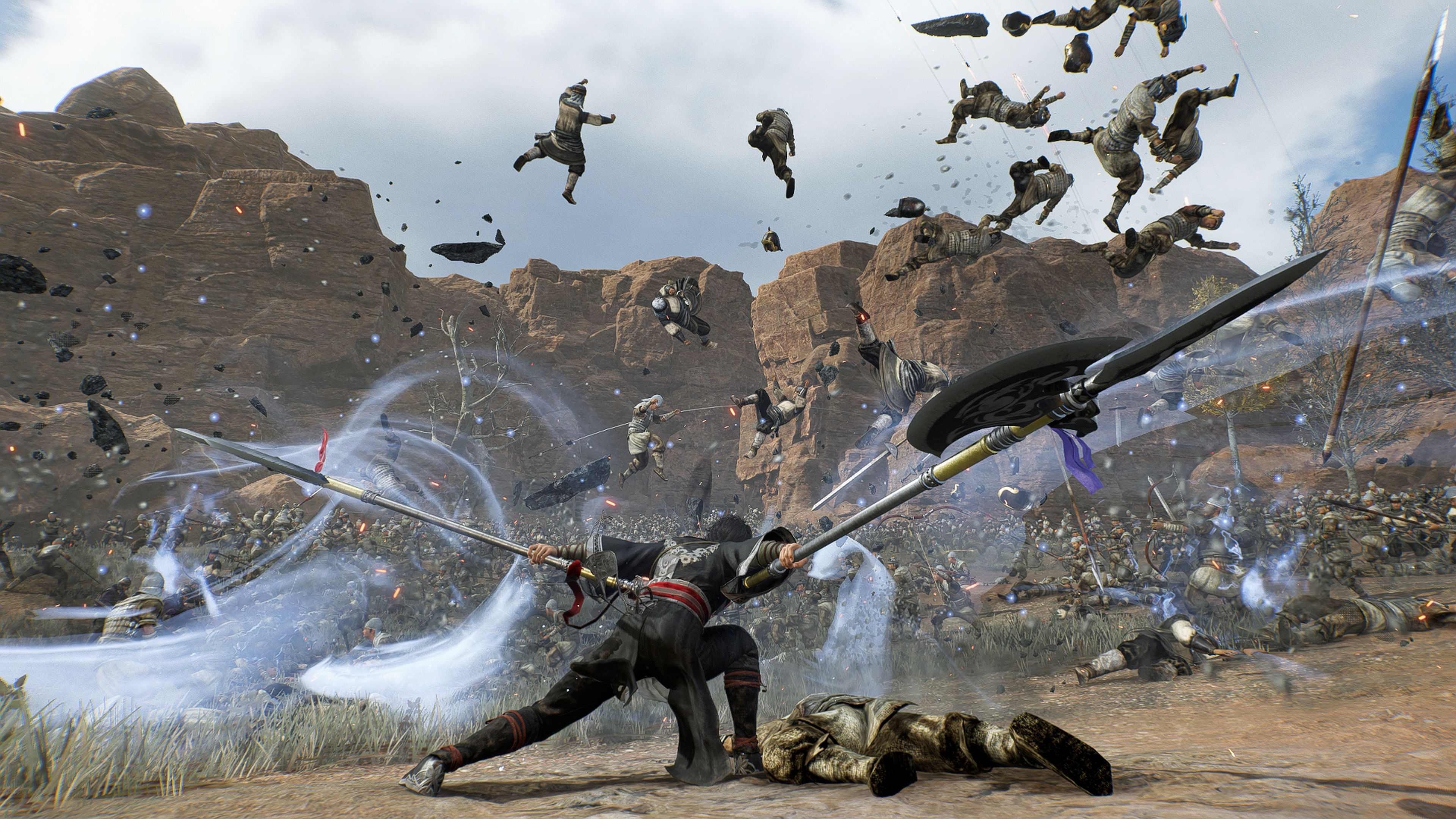 Ziluan sending several enemies flying into the air with a swing of Twin Pikes in a screenshot from Dynasty Warriors Origins.