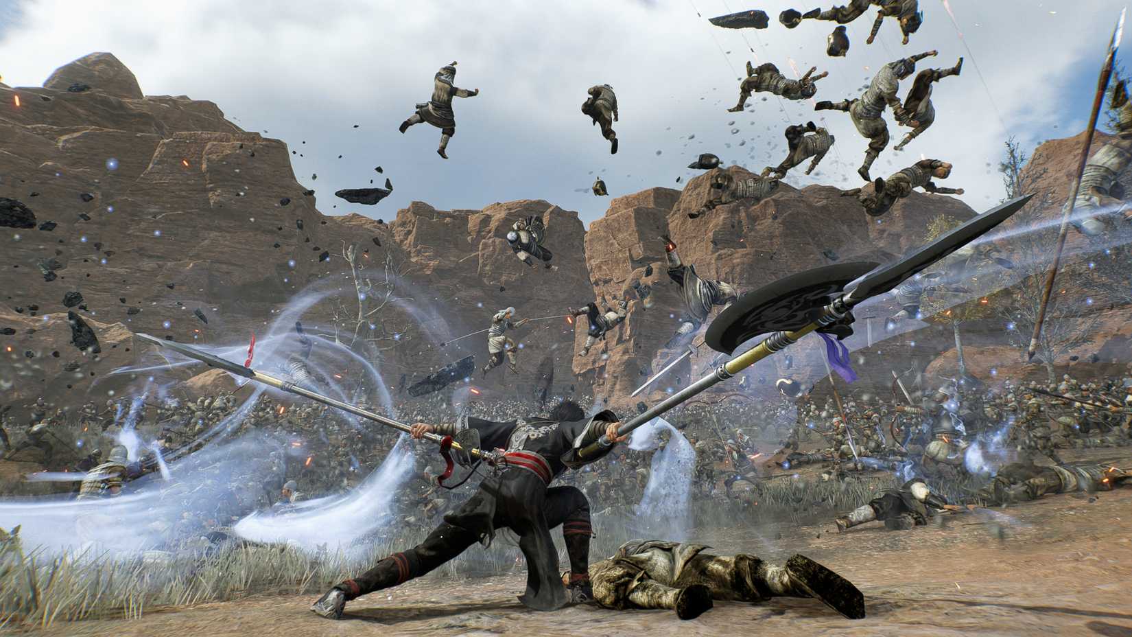 Ziluan sending several enemies flying into the air with a swing of Twin Pikes in a screenshot from Dynasty Warriors Origins.