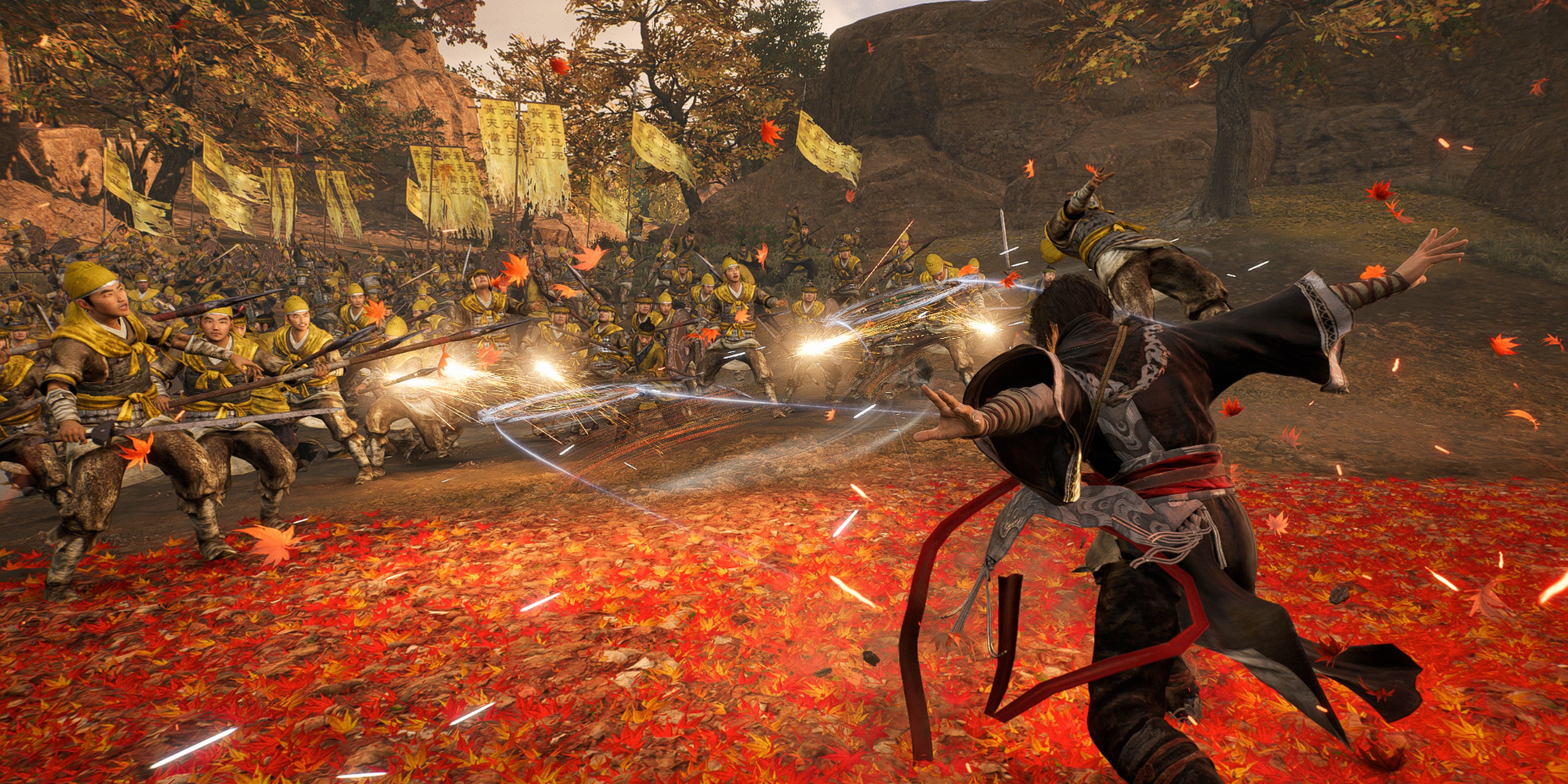 Ziluan throwing a pair of spinning wheels at a large enemy force in a screenshot from Dynasty Warriors Origins.