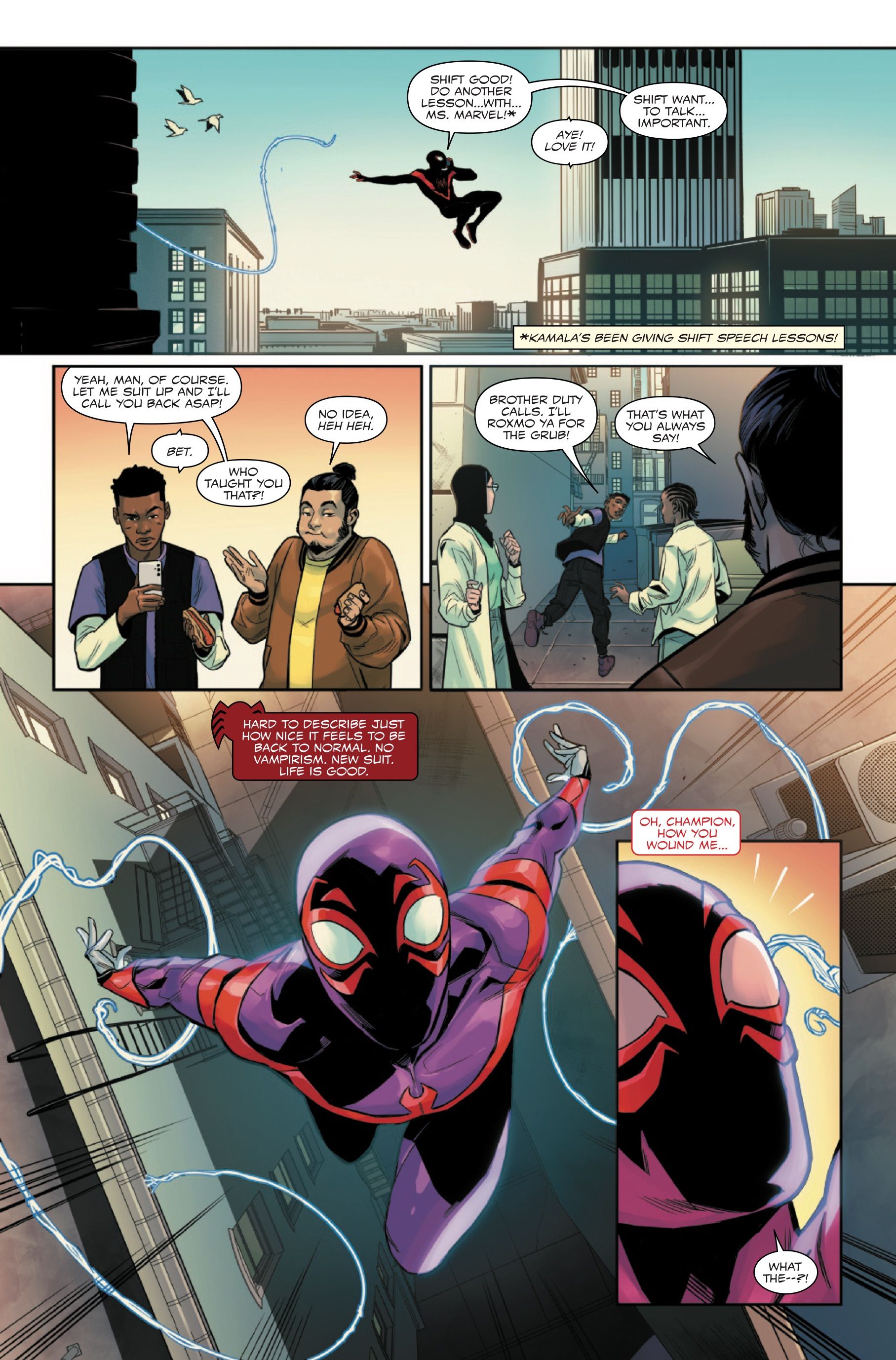 Miles Morales: Spider-Man #30 by Ziglar and Zagaria - Shift wants to talk to Miles so he suits up and swings over