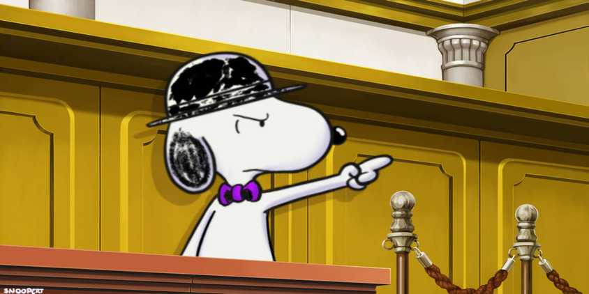 Snoopy in a courtroom, pointing.