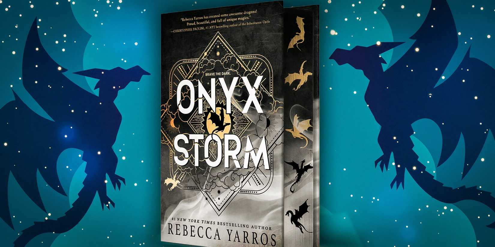 A custom image of Onyx Storm with two dragons and stars in the background