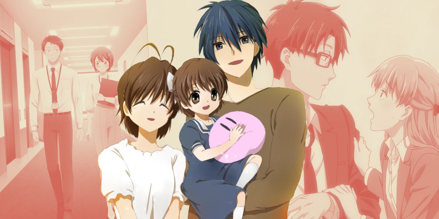 Clannad's Tomoya and Nagisa in front of I Have a Crush at Work and Wotakoi: Love is Hard for Otaku key images