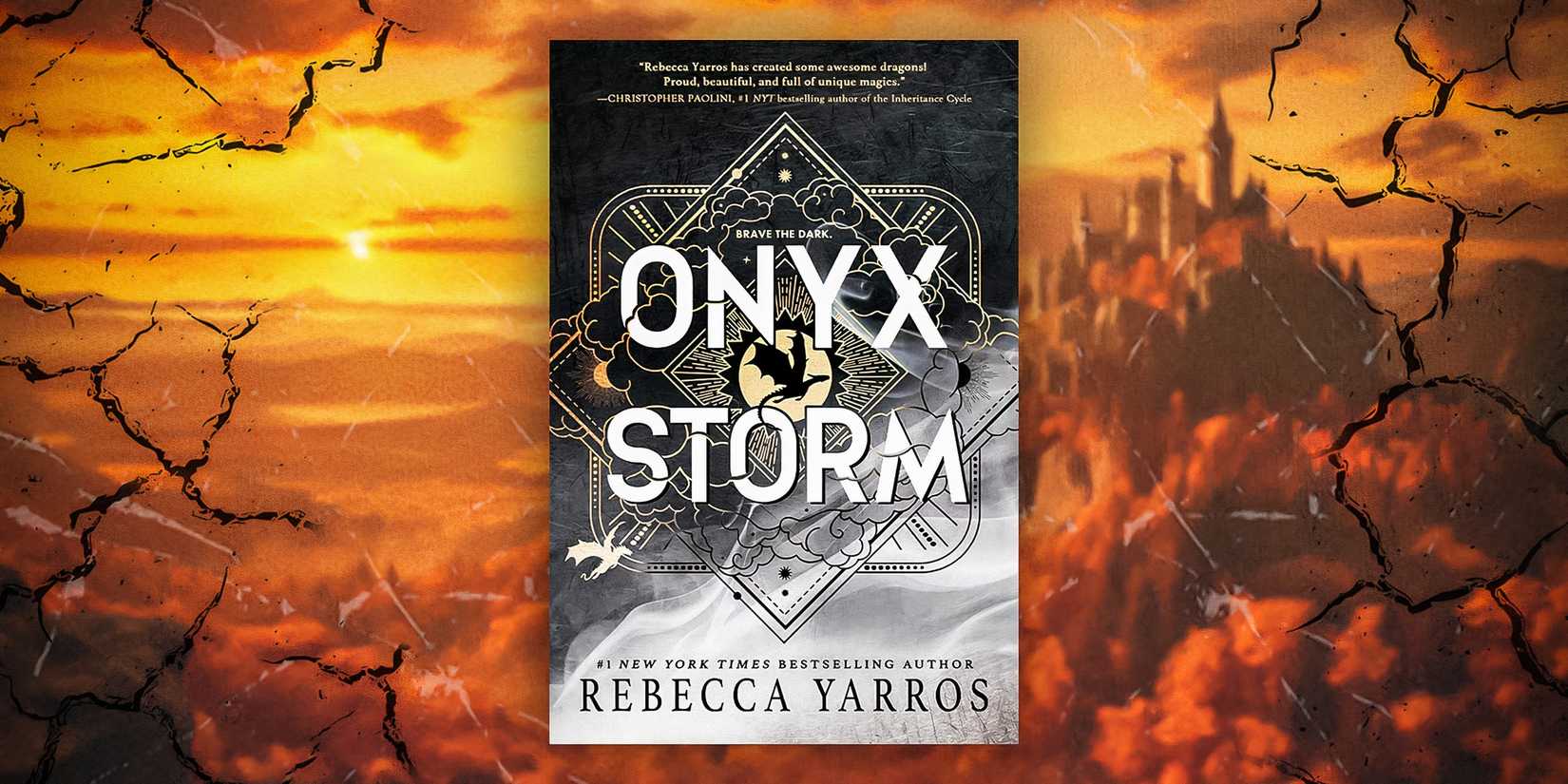 Cover of Onyx Storm by Rebecca Yarros on a background of a castle and sunset