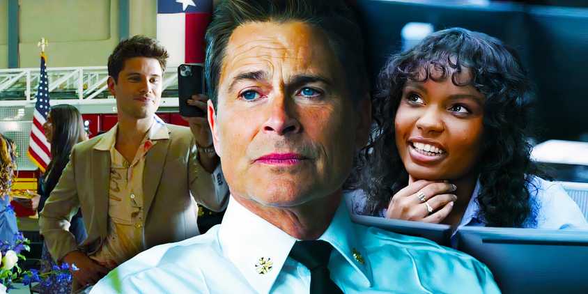 Ronen Rubinstein as TK Strand, Rob Lowe as Owen Strand, and Sierra McClain as Grace Ryder in 9-1-1: Lone Star.