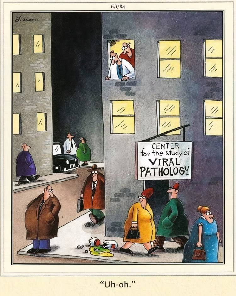 Scientists unleashing a deadly virus into the world in The Far Side.